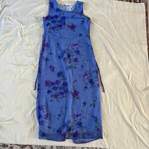 Vtg Y2K 2000s Blue Floral Mesh Dress Cottagecore Prom Hoco Fairycore Glitter